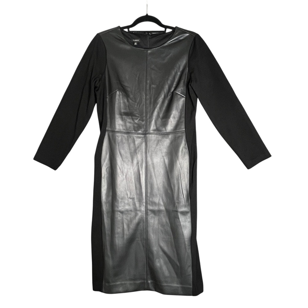 Talbots Black Faux Leather Ponte Sheath Dress Sz 10 Long Sleeve Edgy Modern Moto